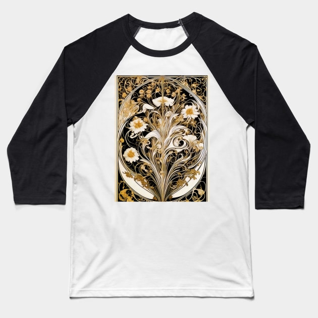 Vintage Alphonse Mucha Inspired Art Nouveau White Sunflower Print Baseball T-Shirt by entwithanaxe